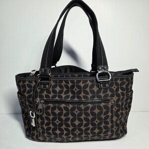 Fossil Purse Brown Black Signature Canvas Tote Shoulder Bag Boho Preppy Travel